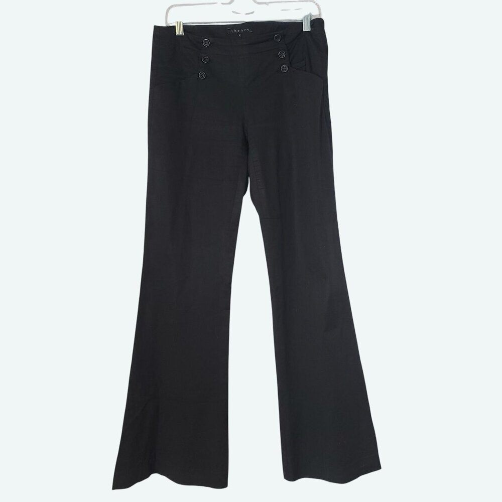 Theory Cotton Twill Flare Leg Pant Black Double Side Button Placket Front Size 6